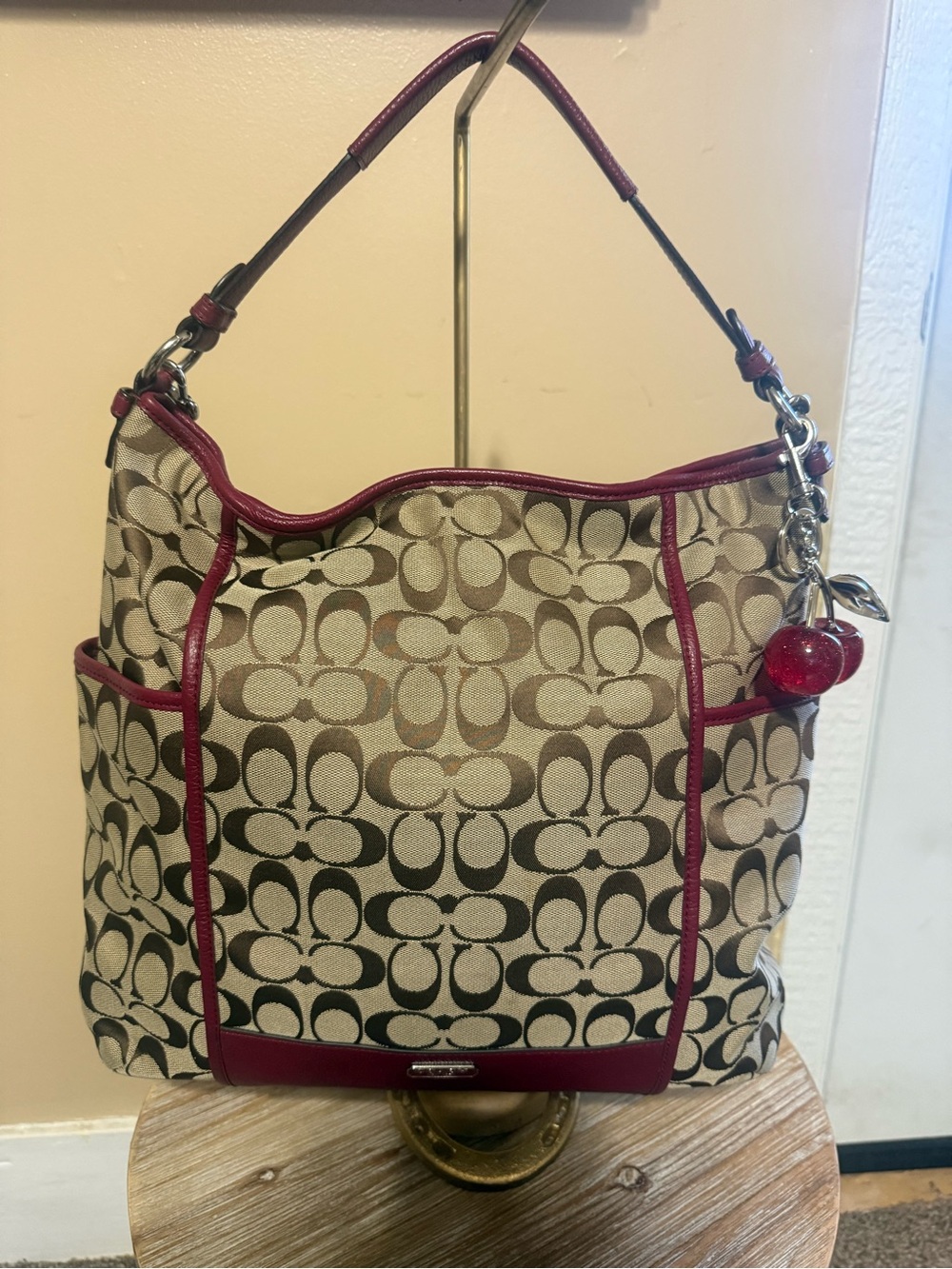 Coach Signature Canvas Hobo Bag in Beige and Burgundy Cherries not included